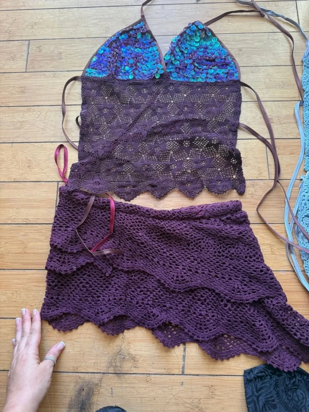Purple Crochet Two-Piece Halter Set with Iridescent Sequin Cups